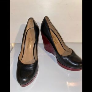 Salvatore Ferragamo Black Leather Wedge with Red Wine Cork sz 10B